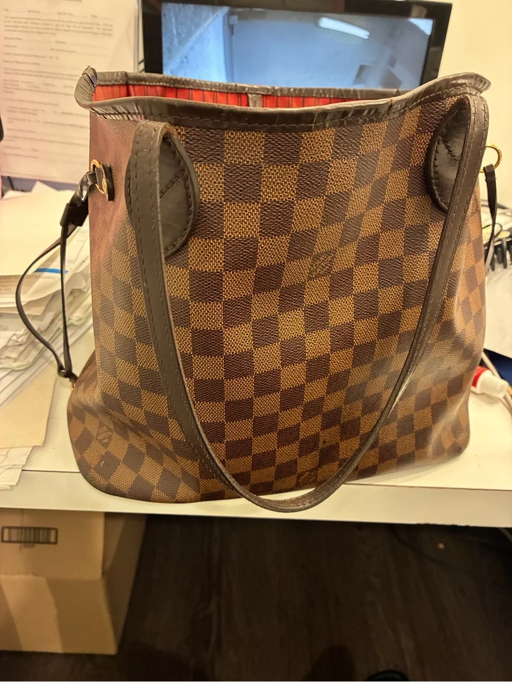 Louis Vuitton Brown Damier Ebene Tote with Red Interior